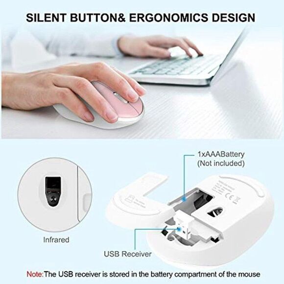 Wireless Keyboard and Mouse, Full-Size Pink 2.4GHz Silent USB Wireless Keyboard - Picture 4 of 7